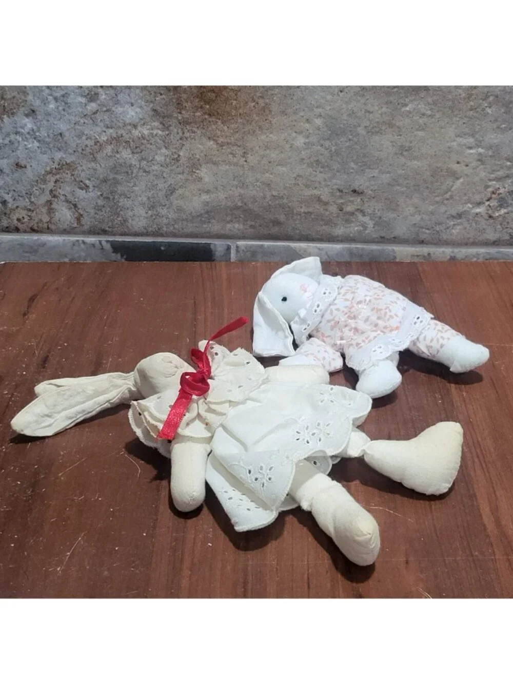 Vintage Country Muslin Cloth Bunny Rabbit Dolls Lot 2 Cottagecore Folk Art Lace